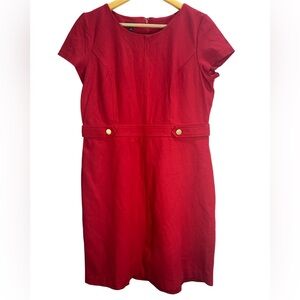 Talbots Red‎ Midi Dress 10P Petite Gold Button Detail Short Sleeve Stretch